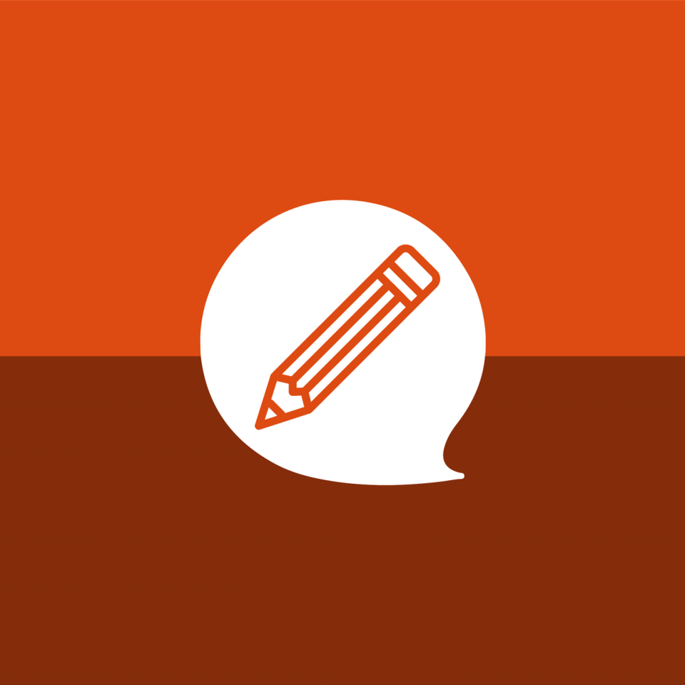 Icon: Stift in einer Sprechblase vor orangenem Hintergrund